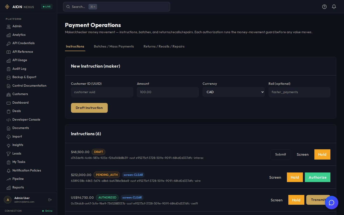 Draft, screened, awaiting authorization, authorized, transmitted, settled